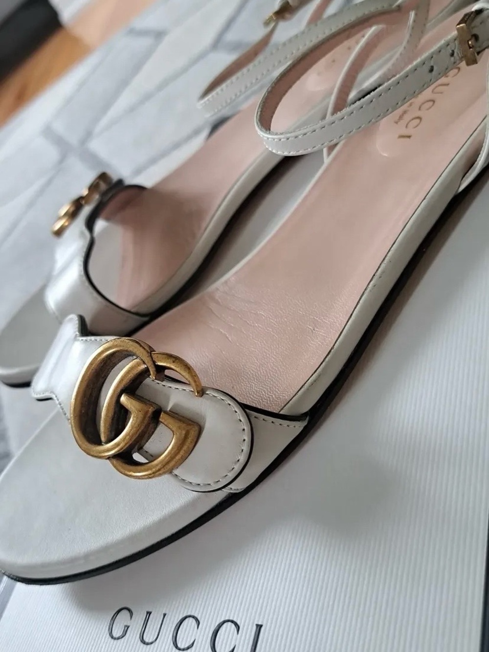 Gucci White Leather GG Logo Ankle-Strap Sandals with Pink Insole